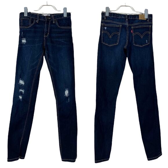 Levi’s Girlfriend Dark Wash Mid Rise Adjustable Distressed Jeans Girls Size 16R - Picture 6 of 6